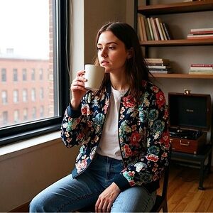 Marie Claire Boutiques floral print bomber jacket, front & pocket zips 🌺🌸🍃